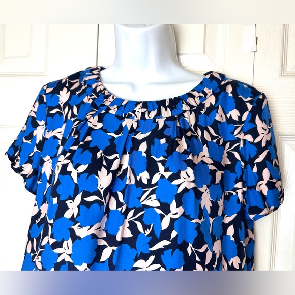 BODEN Carey Top Bold Blue Blouse Floral Clematis Shirt Black Pleated Neckline - Picture 6 of 16
